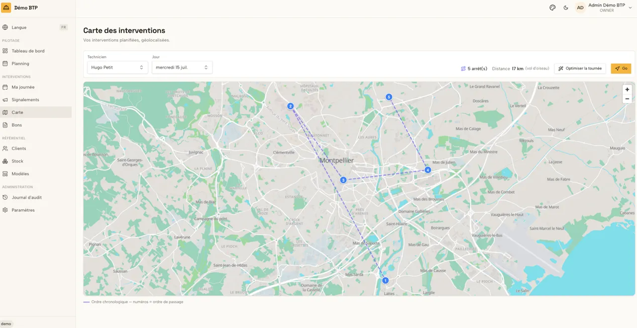 Carte des interventions et optimisation de tournée sur fond OpenStreetMap